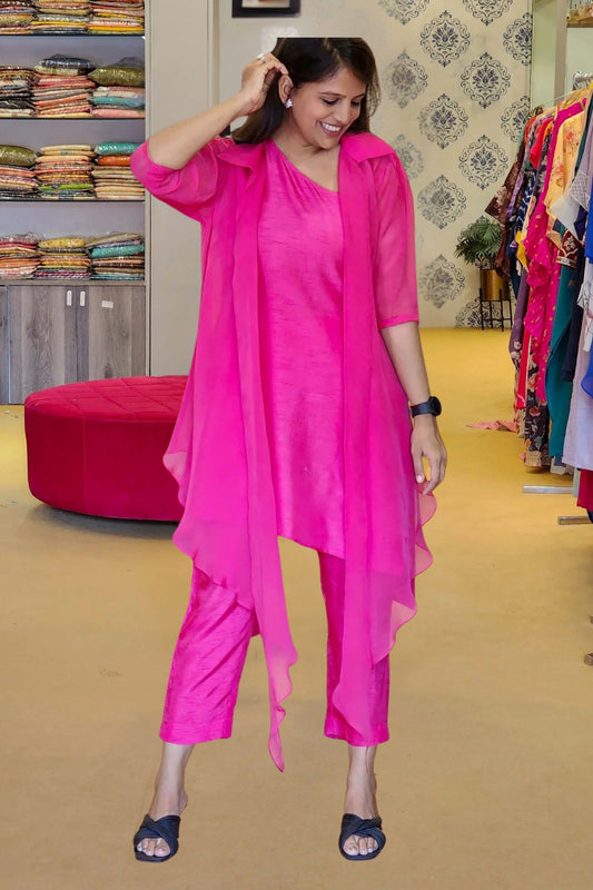 Fuchsia Organza Jacket with One Shoulder  Top and Pants