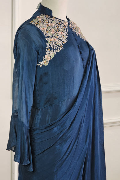 Teal Blue Gown with Attached Drape
