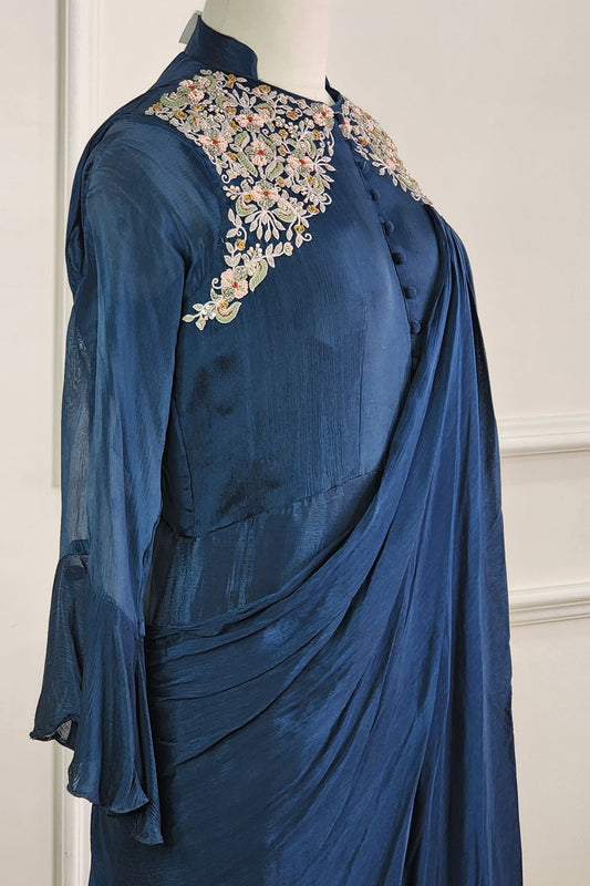 Teal Blue Gown with Attached Drape