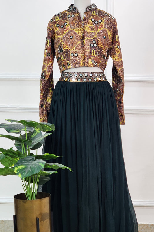 Green Ajrakh Mirror Crop Top and Lehenga