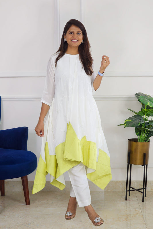 Green and White Indowestern Set