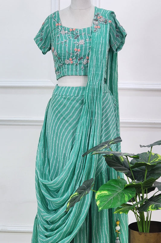 Green Bandhej Printed Lehenga Set