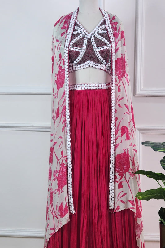 Pink Floral Dupatta, Top and Skirt