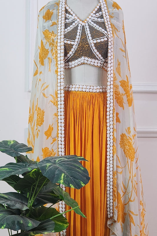 Yellow Floral Dupatta, Top and Skirt