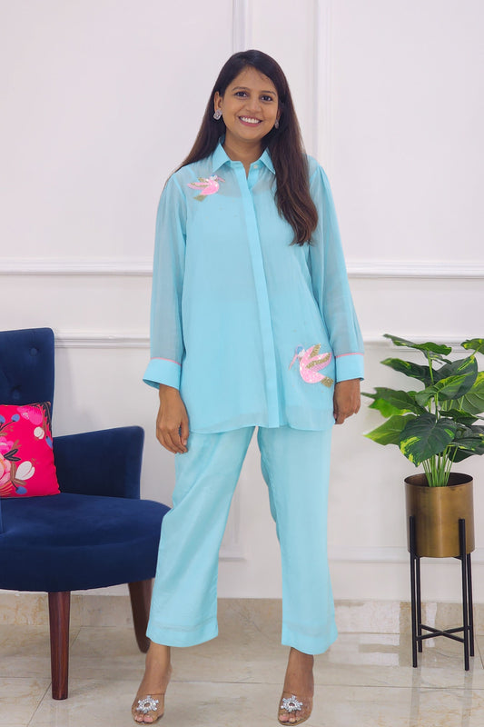 Sky Blue Bird Detailing Mul Chanderi Co Ord Set
