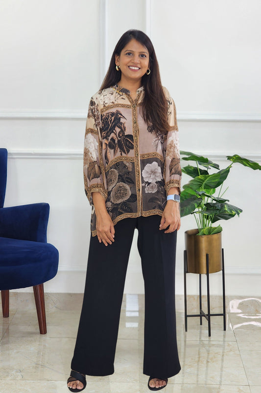 Brown Crepe Floral Shirt
