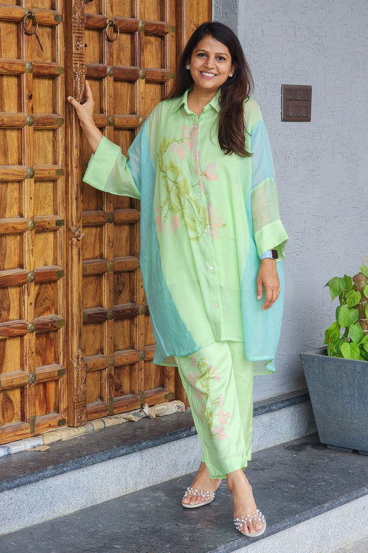 Green Floral Mul Chanderi Kaftan Set
