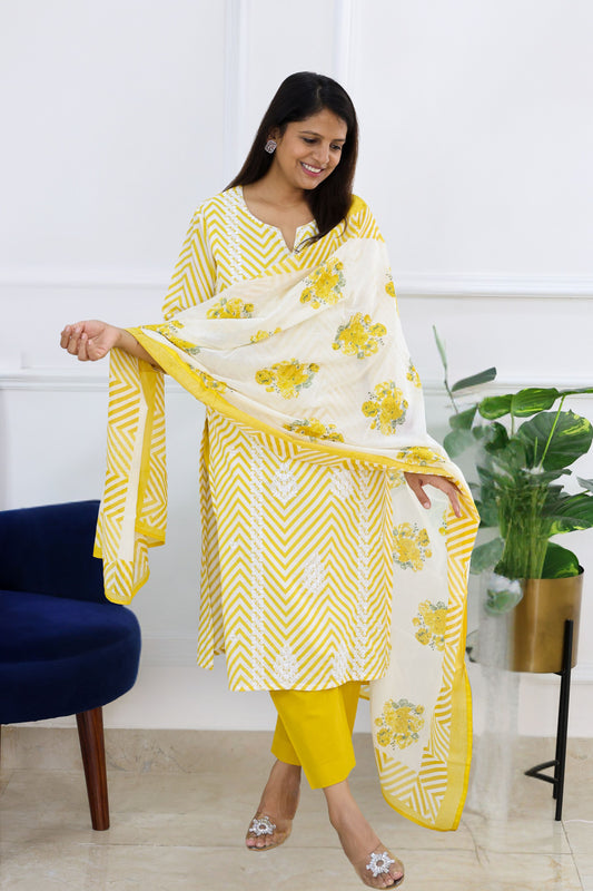 Yellow Embroidered Leheriya Kurta Set with Block Doriya Dupatta