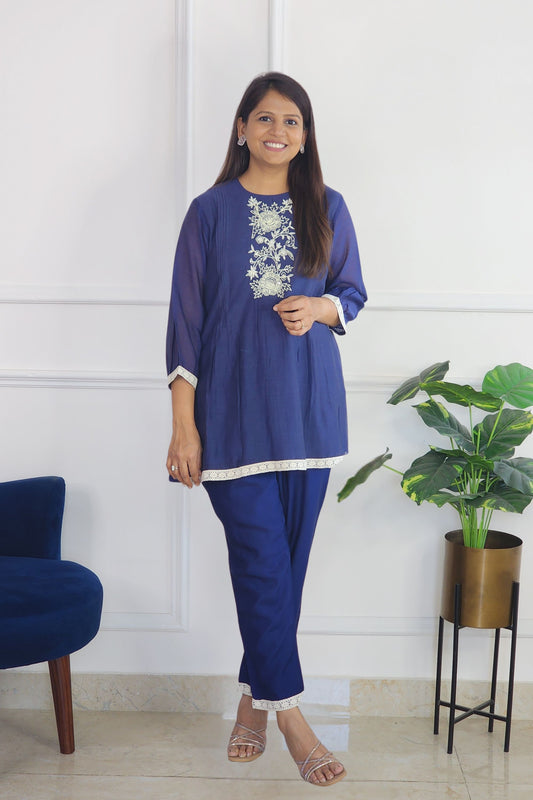Blue Pleat Poetry Embroidered Co Ord Set