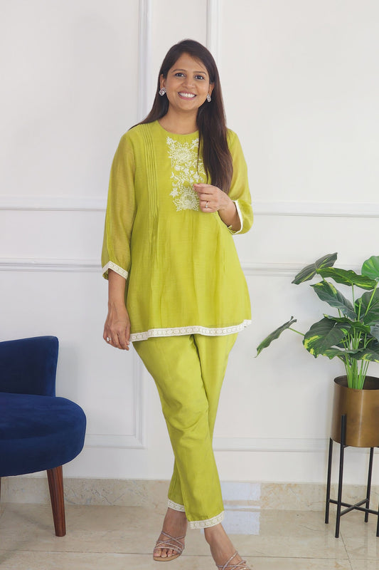 Green Pleat Poetry Embroidered Co Ord Set