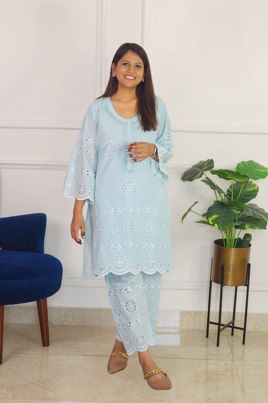 Sky Blue Schiffli Kurta Set