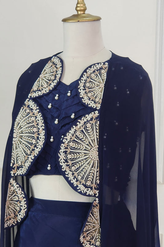 Navy Blue Shaded Cape with Top and Lehenga