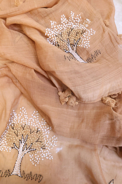 Beige Linen Embroidery Stole