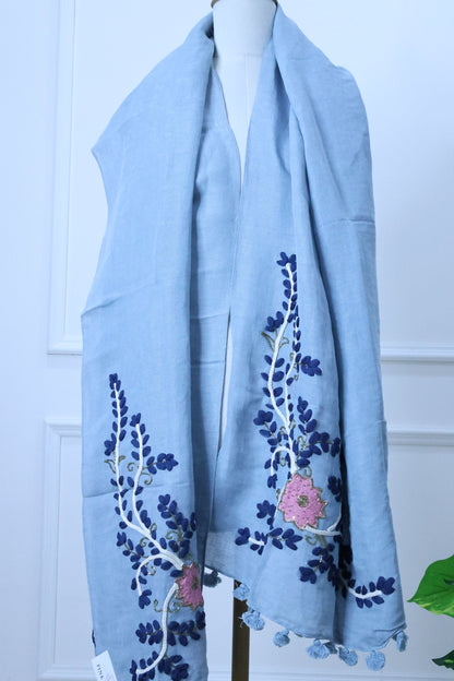 Blue Linen Stole with Embroidery