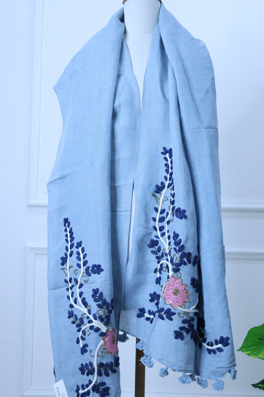 Blue Linen Stole with Embroidery