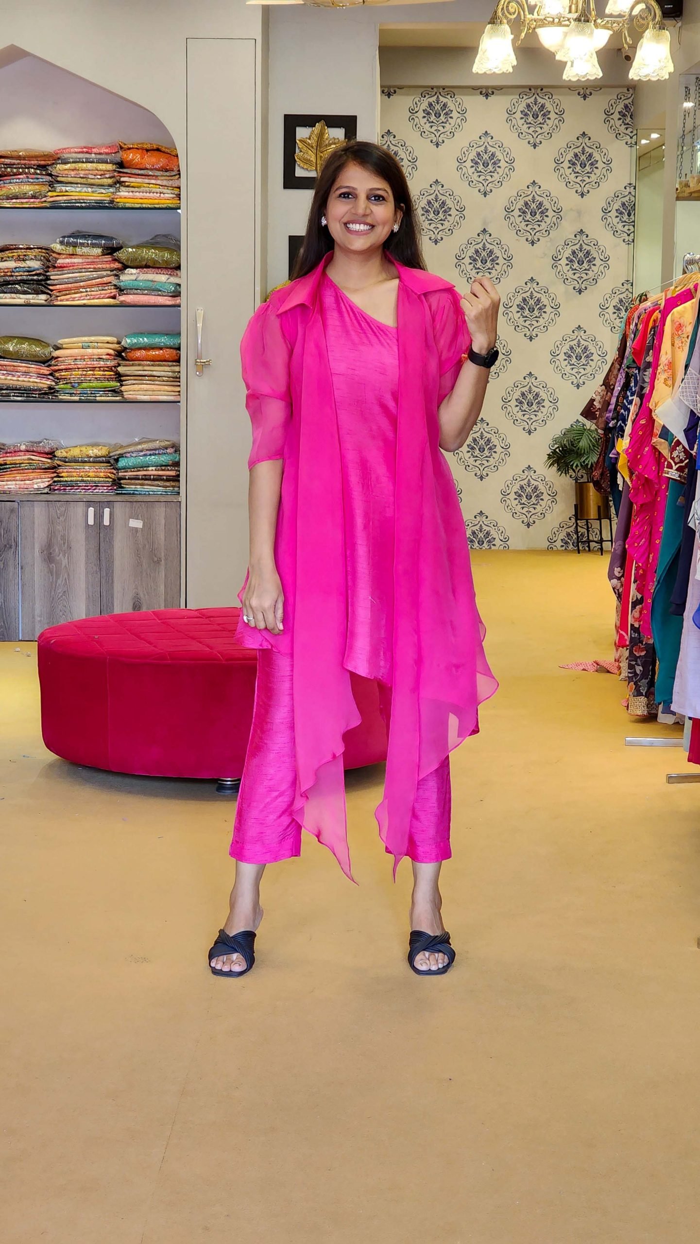 Fuchsia Organza Jacket with One Shoulder  Top and Pants