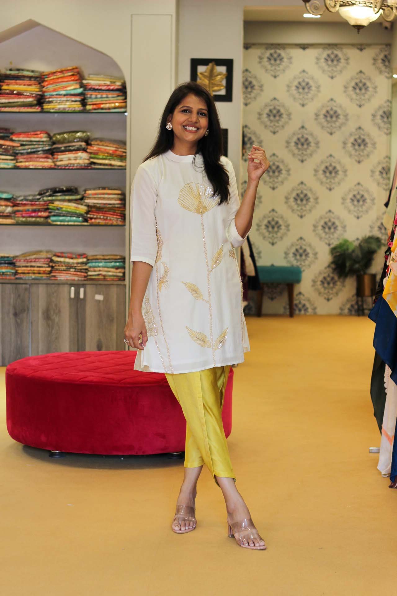 Pearl Top and Yellow Dhoti Set