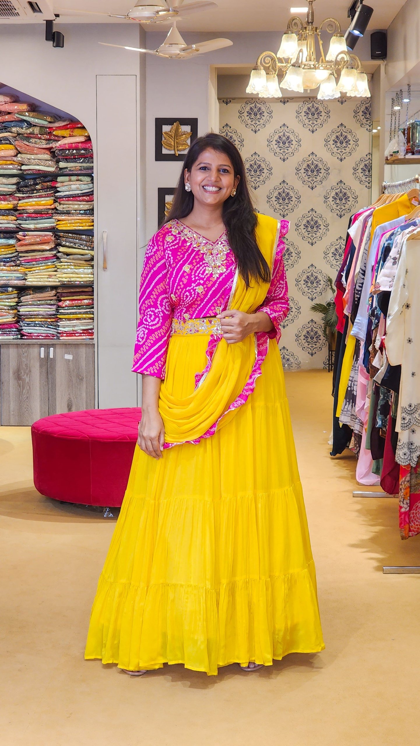 Yellow Lehenga with Attached Duppata & Pink Bandhej blouse