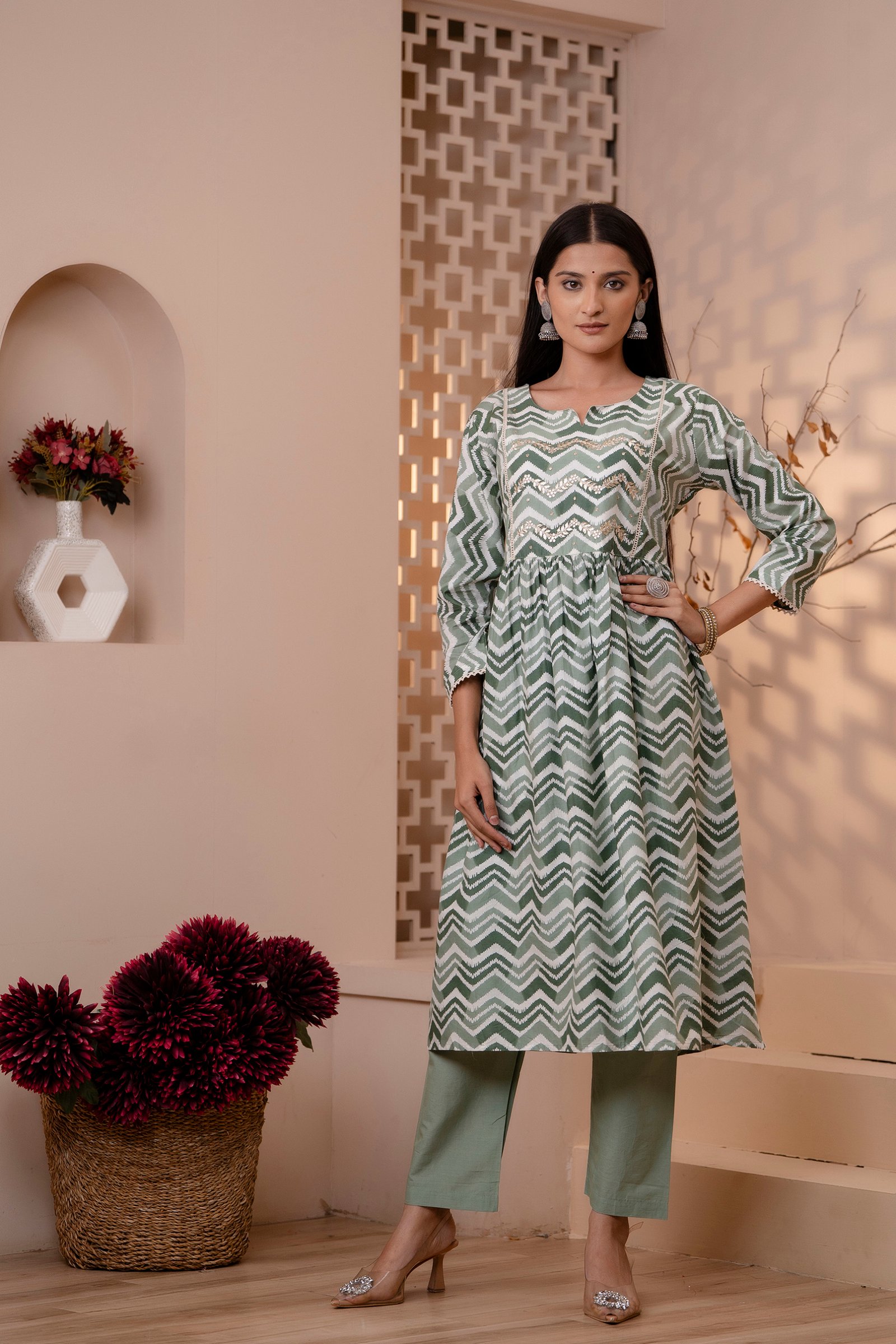 Green Leheriya Cotton Kurta and Pants Set