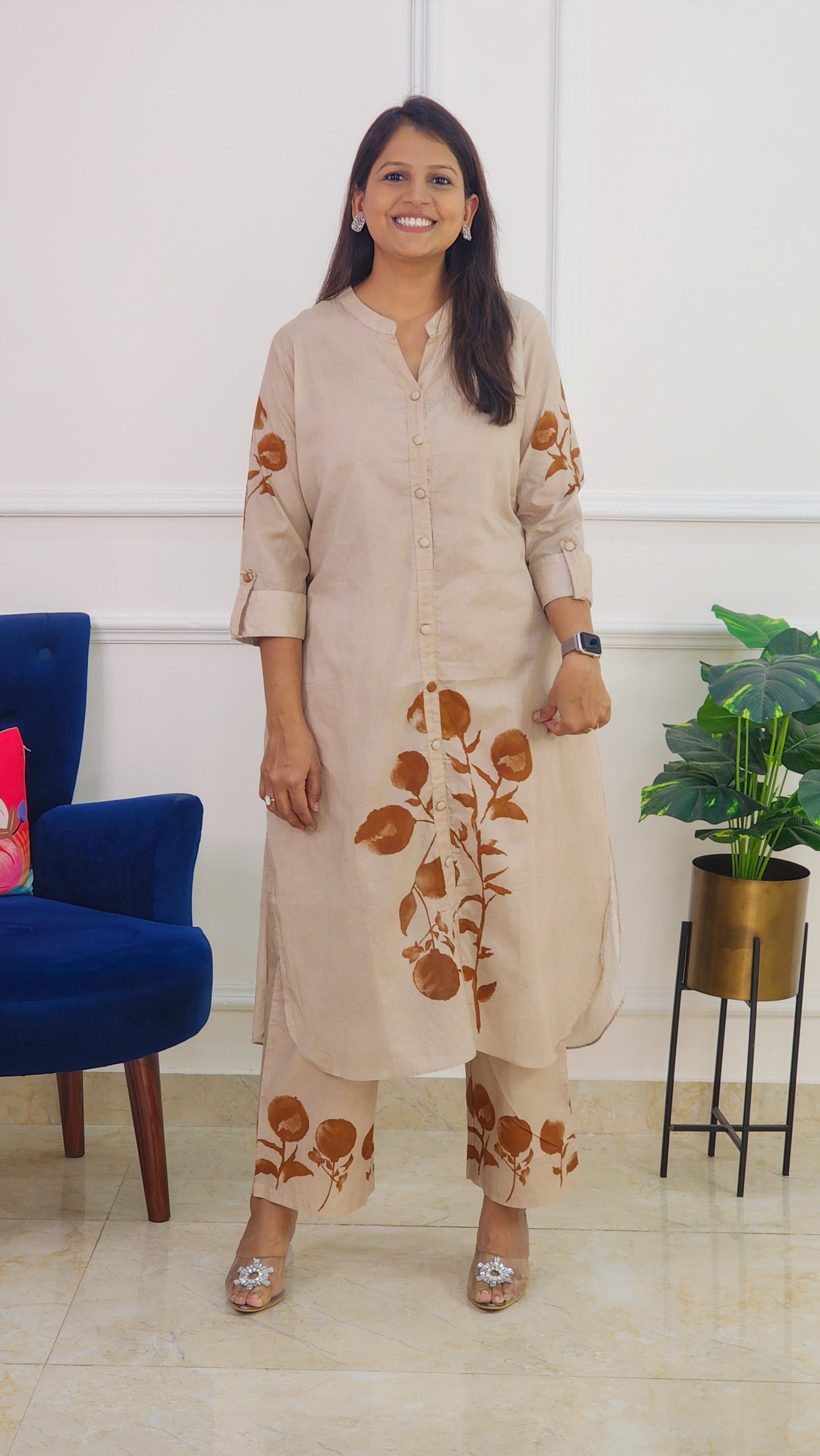 Beige Kurta Set with Flower Detail